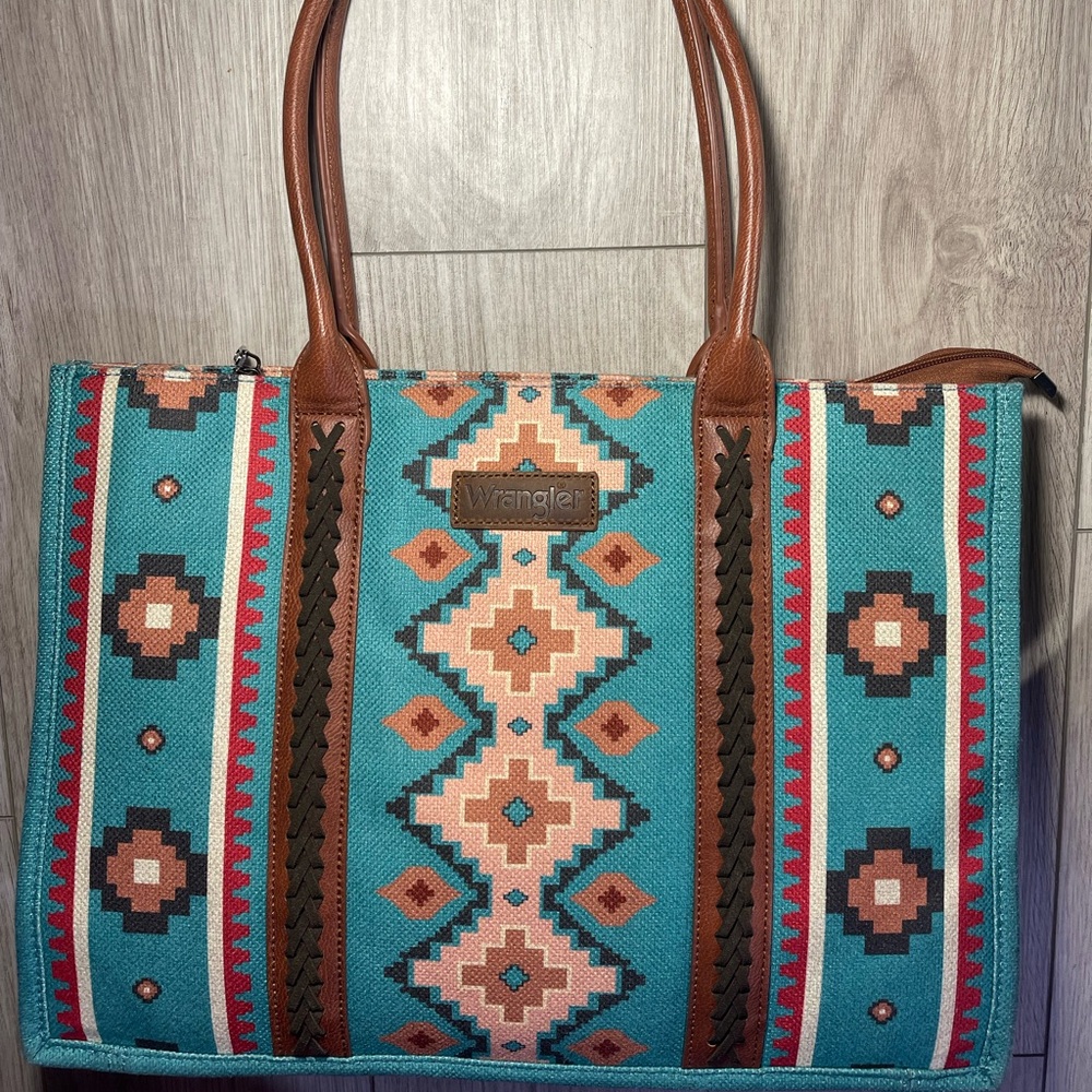 Wrangler Southwestern Pattern Dual Sided Print Canvas Wide Tote - Turquoise